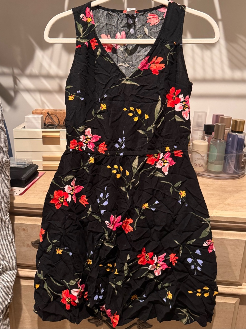 Old Navy Black Dress with Red Trim and Light Blue Floral Accents